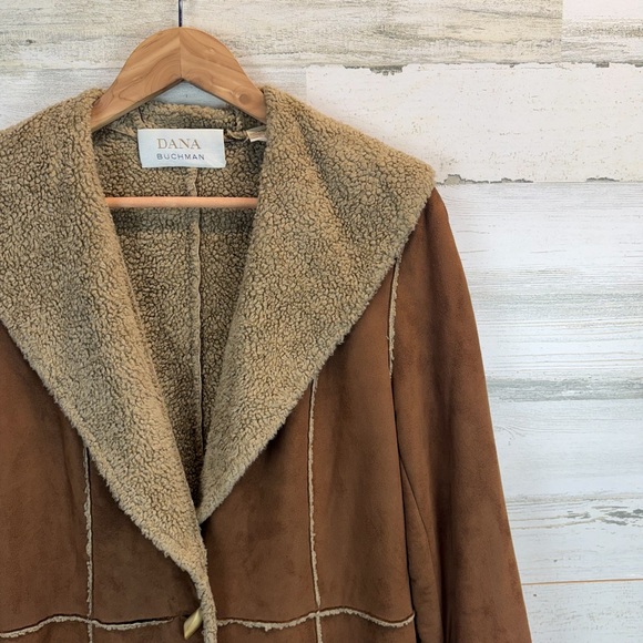 Dana Buchman Shearling Long Coat 10 Boho Rustic Toggle Faux Suede Penny Lane - Picture 7 of 15